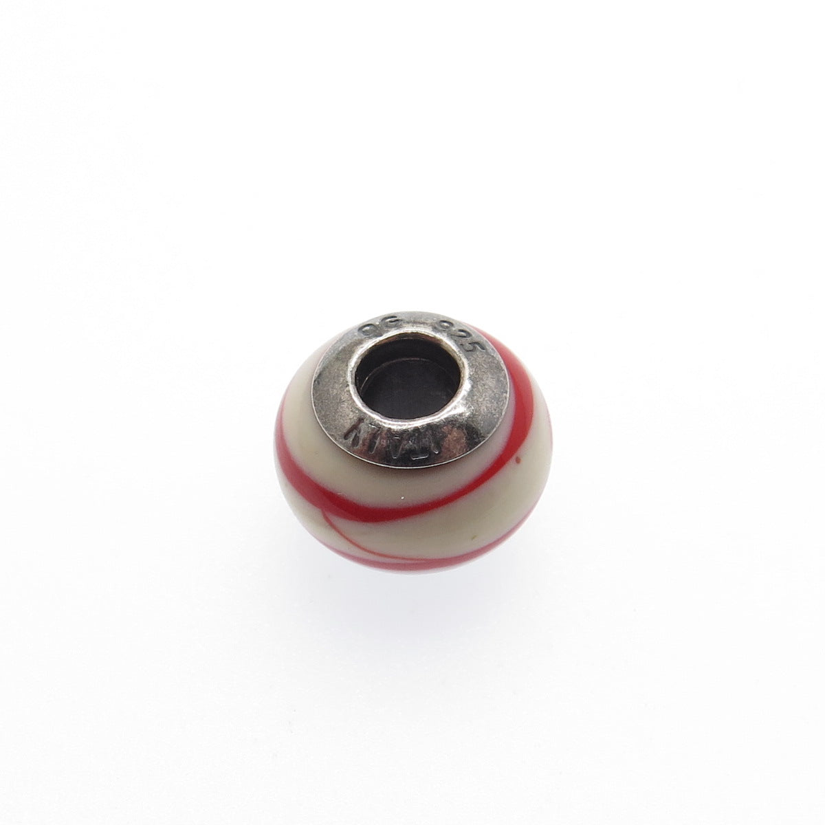 925 Sterling Silver QG Italy Red & White Murano Glass Bead Charm