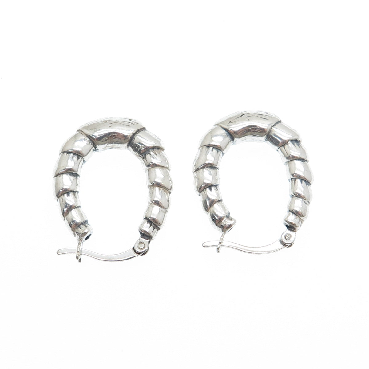 925 Sterling Silver Ribbed Puffy Hoop Earrings