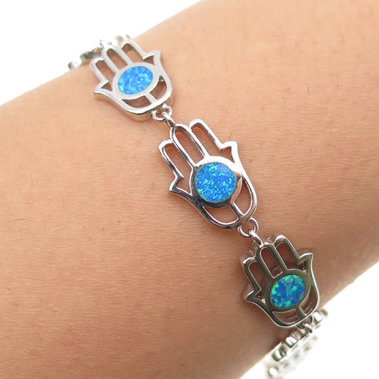 925 Sterling Silver Real Opal Hamsa Amulet Link Bracelet 8"