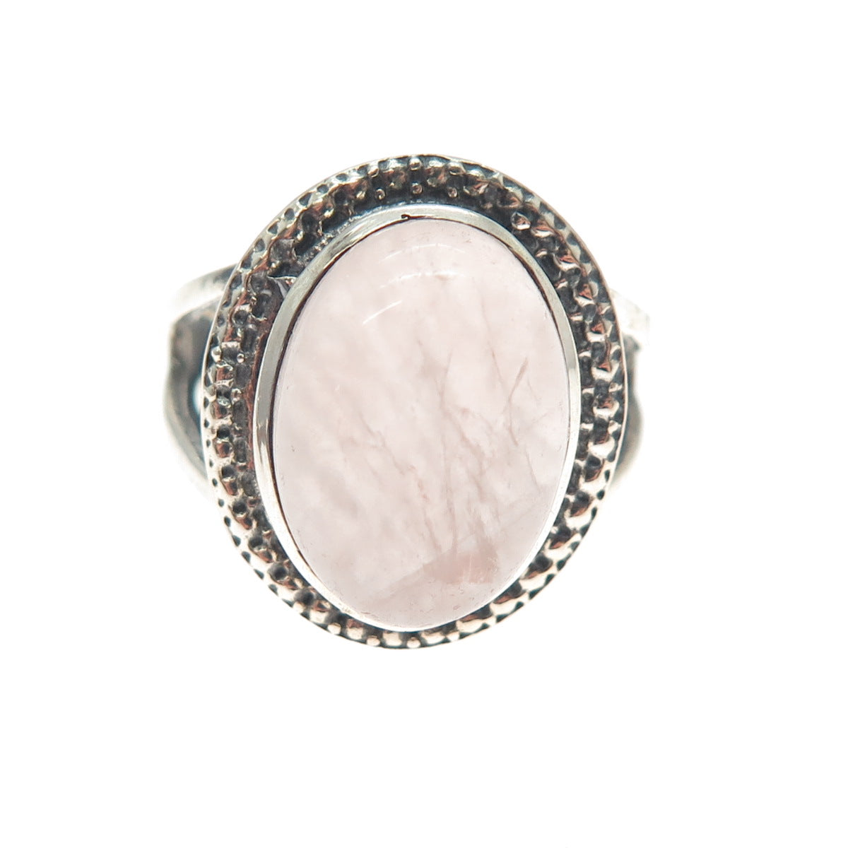 925 Sterling Silver Vintage Real Cabochon Rose Quartz Granulated Ring Size 7.25