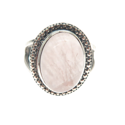 925 Sterling Silver Vintage Real Cabochon Rose Quartz Granulated Ring Size 7.25