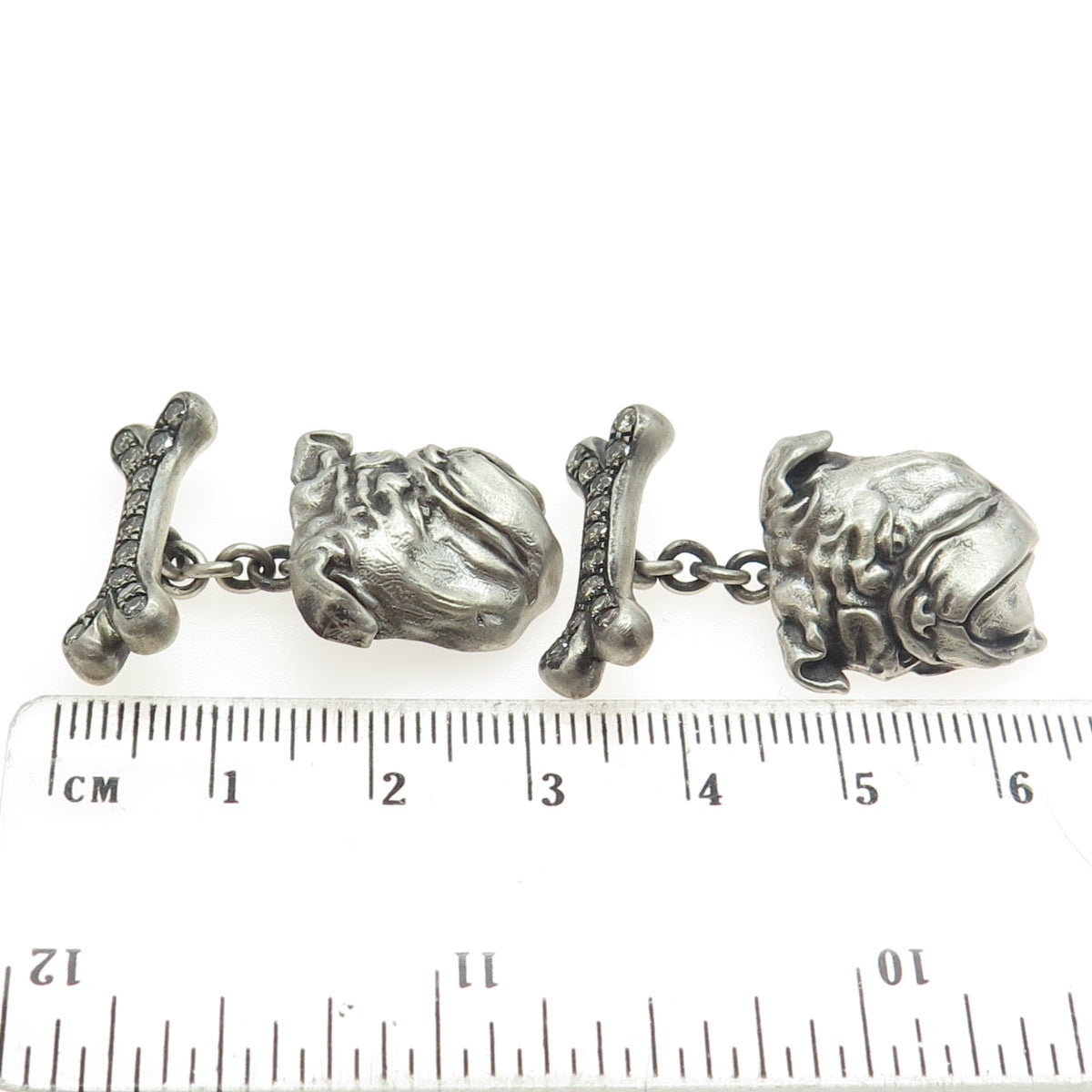 925 Sterling Silver Vintage Real Round-Cut White Diamond Bulldog Cufflinks