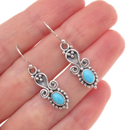 925 Sterling Silver Vintage Real Turquoise Heart Oxidized Dangle Earrings