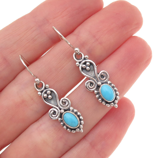 925 Sterling Silver Vintage Real Turquoise Heart Oxidized Dangle Earrings