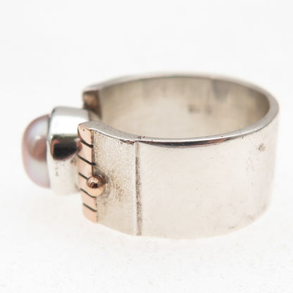 925 Sterling Silver 10K Gold Vintage Real Pearl Modernist Oxidized Ring Size 8