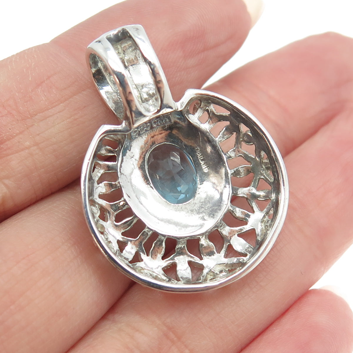 925 Sterling Silver Real Oval-Cut Blue Topaz Ornate Pendant