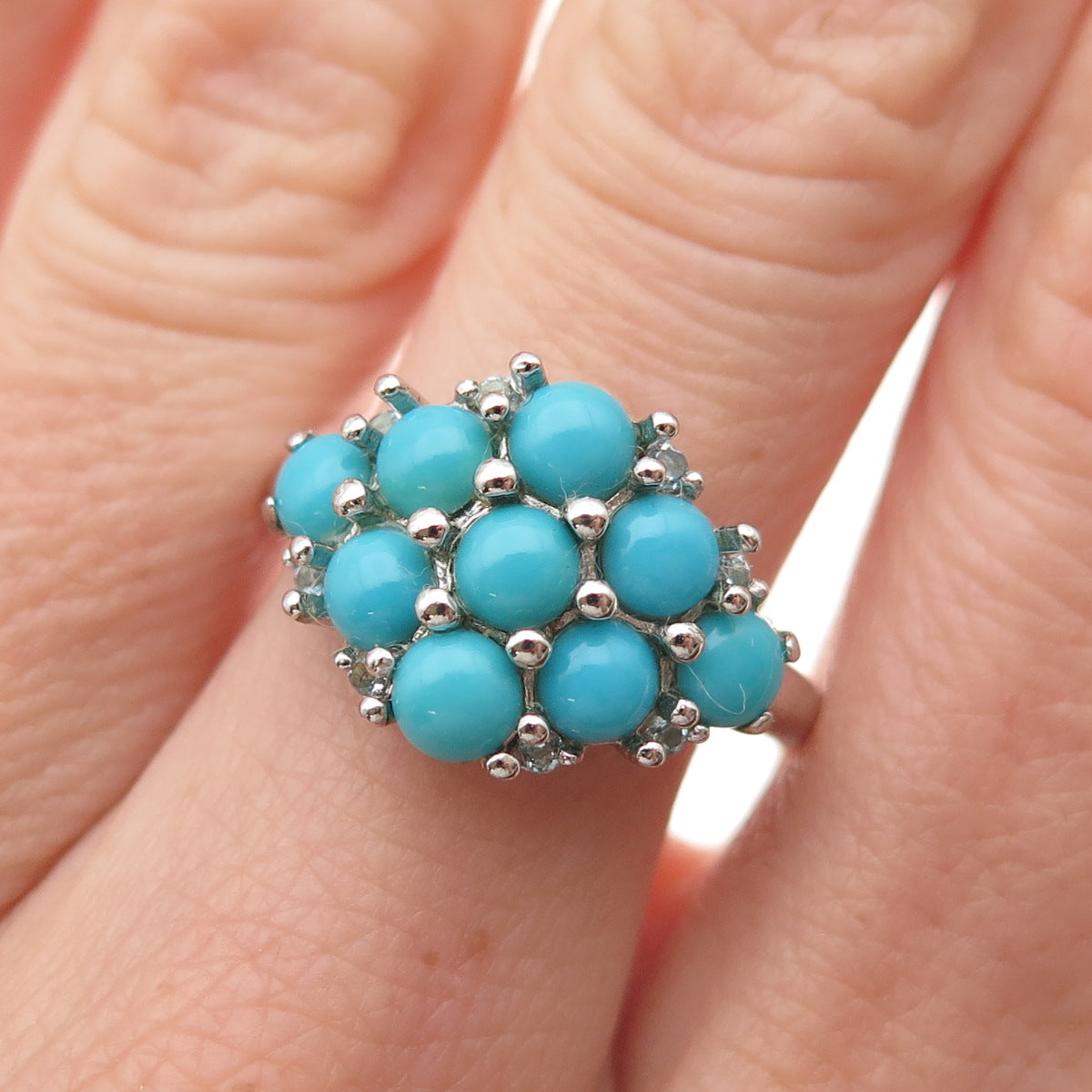 925 Sterling Silver Real Sleeping Beauty Turquoise & Blue Topaz Ring Size 8.25