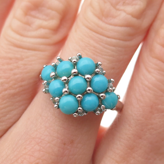 925 Sterling Silver Real Sleeping Beauty Turquoise & Blue Topaz Ring Size 8.25