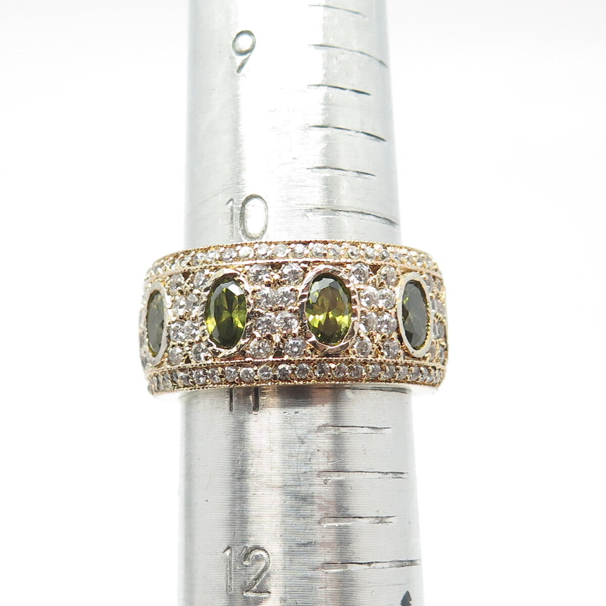 925 Sterling Silver Gold Plated White & Green C Z Band Ring Size 11