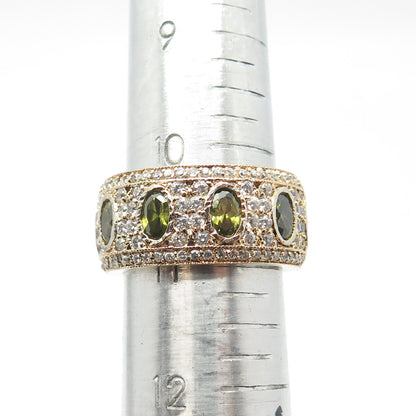 925 Sterling Silver Gold Plated White & Green C Z Band Ring Size 11