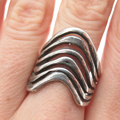 925 Sterling Silver Vintage Modernist Multi-Row Wavy Oxidized Ring Size 8