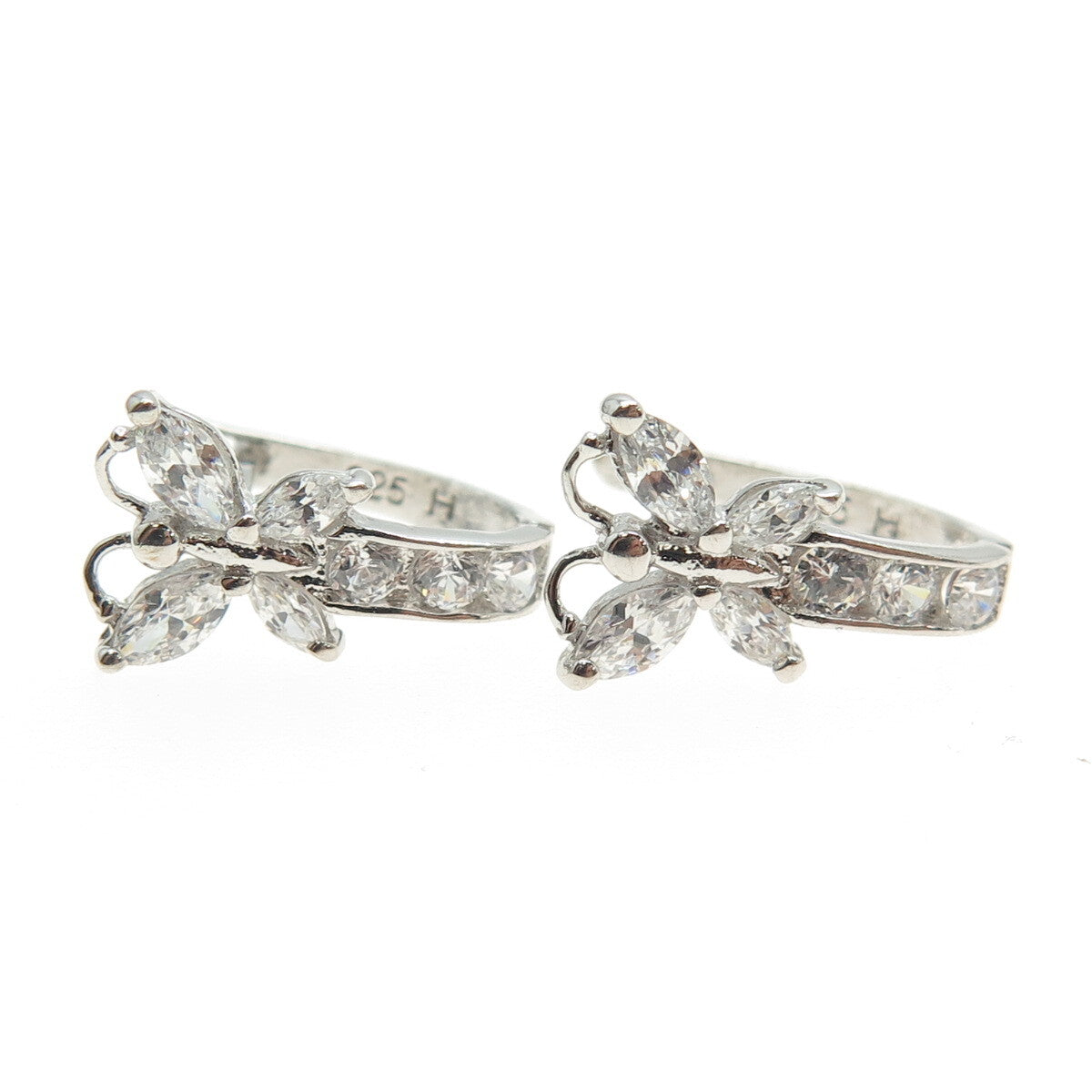 925 Sterling Silver Round & Marcasite-Cut C Z Butterfly Earrings