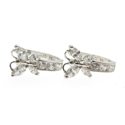 925 Sterling Silver Round & Marcasite-Cut C Z Butterfly Earrings