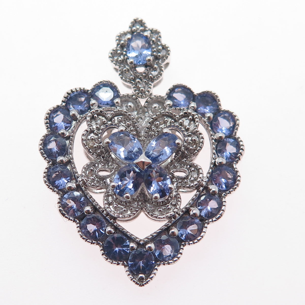 925 Sterling Silver Real Diamond & Tanzanite Heart Cluster Slide Charm Pendant