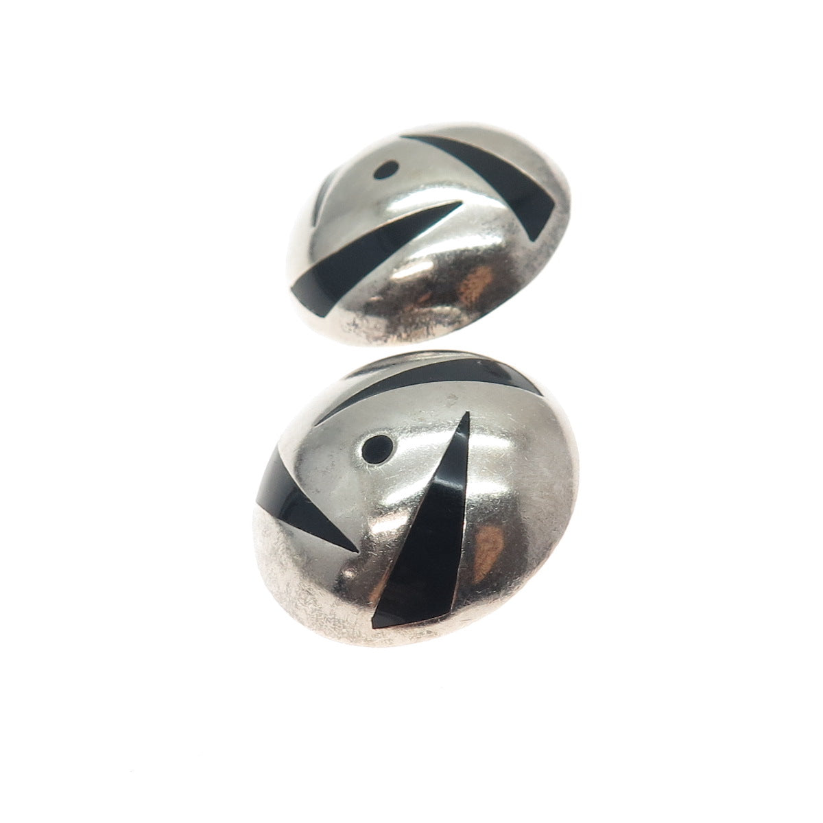 950 Silver Vintage Mexico Real Black Onyx Modernist Dome Clip On Earrings