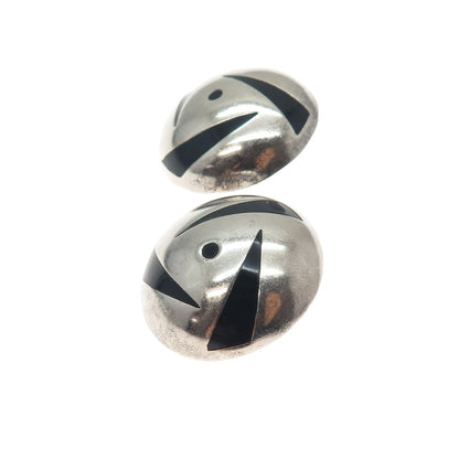 950 Silver Vintage Mexico Real Black Onyx Modernist Dome Clip On Earrings