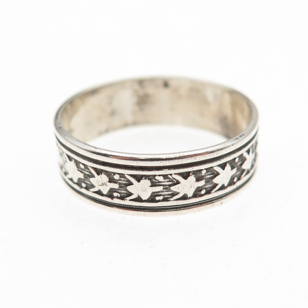 Uncas 925 Sterling Silver Antique Art Deco Floral Oxidized Band Ring Size 7