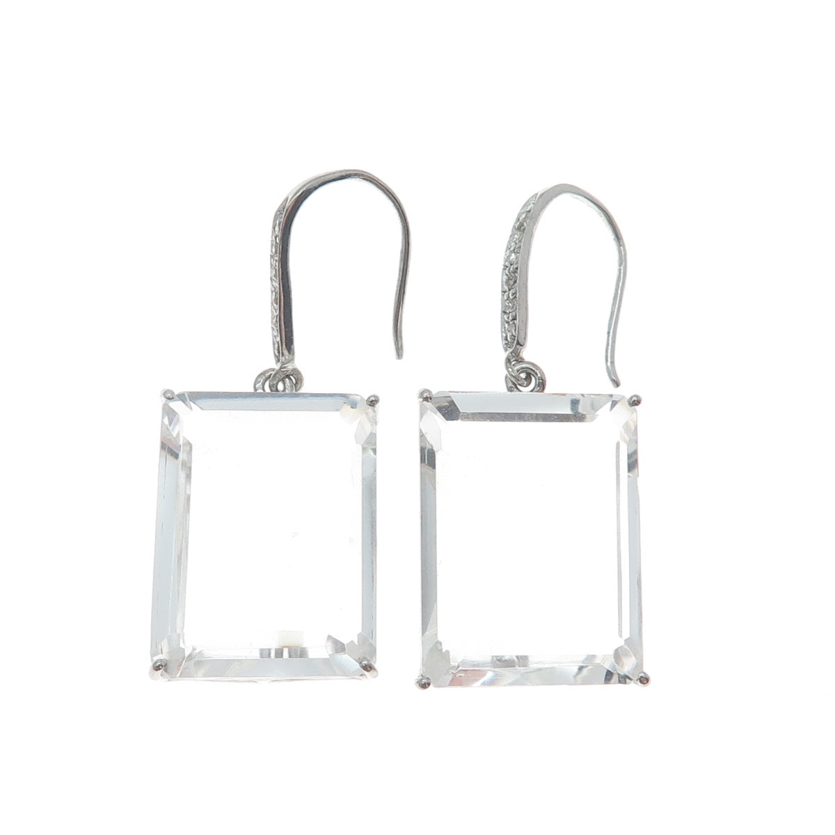 925 Sterling Silver Real Diamond & Emerald-Cut White Topaz Dangle Earrings