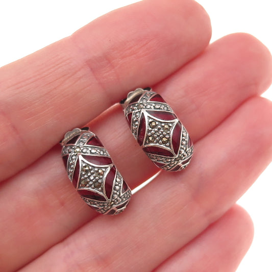 925 Sterling Silver Vintage Enamel Real Marcasite Oxidized Hoop Earrings