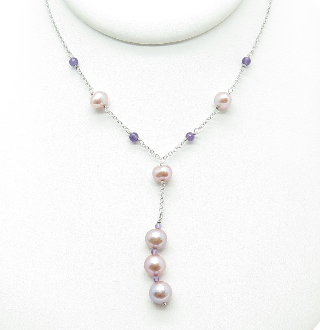 VAR 925 Sterling Silver Real Pearl & Amethyst Cable Chain Necklace 16-18"