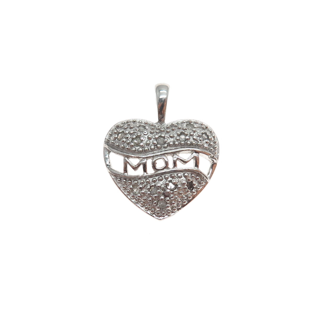 925 Sterling Silver Real Round-Cut Diamond Mom Heart Mini Charm Pendant