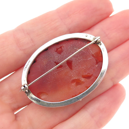 925 Sterling Silver Antique Art Deco Real Red Jade Carved Floral Oxidized Brooch