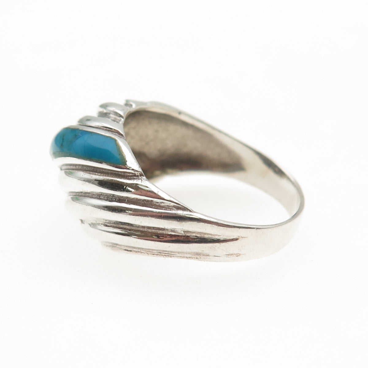925 Sterling Silver Vintage Real Turquoise Modernist Ribbed Ring Size 10.75