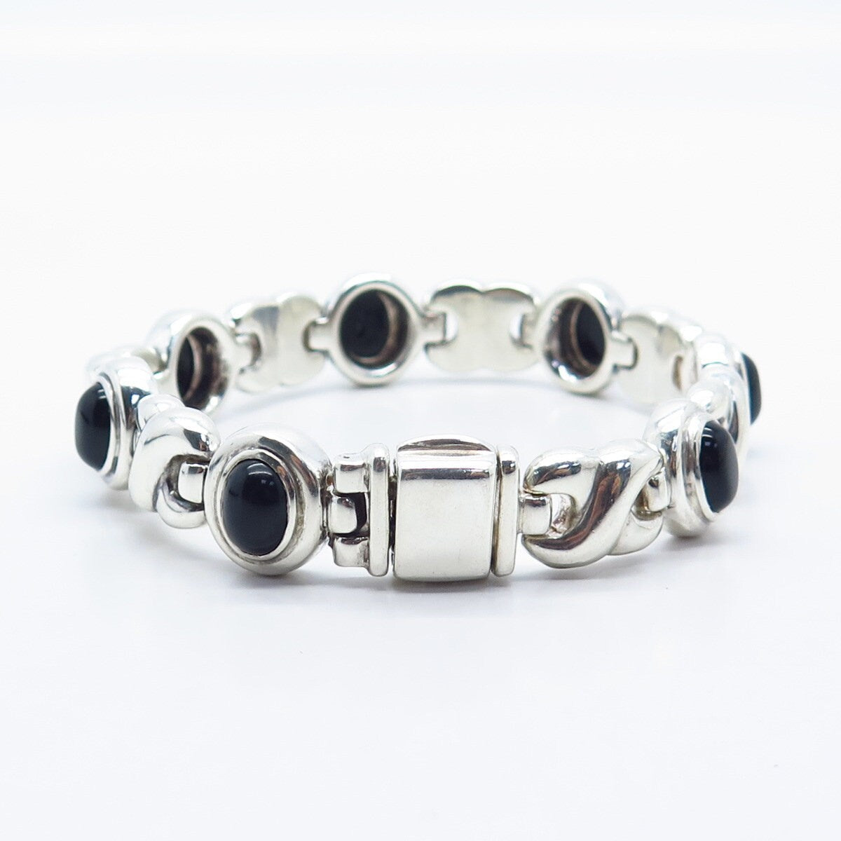 925 Sterling Silver Vintage Italy Real Black Onyx Gem XO Link Bracelet 7.75"