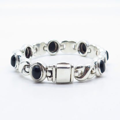 925 Sterling Silver Vintage Italy Real Black Onyx Gem XO Link Bracelet 7.75"