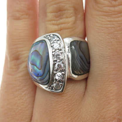 925 Sterling Silver Vintage Abalone Shell & Round-Cut Shaped C Z Ring Size 7