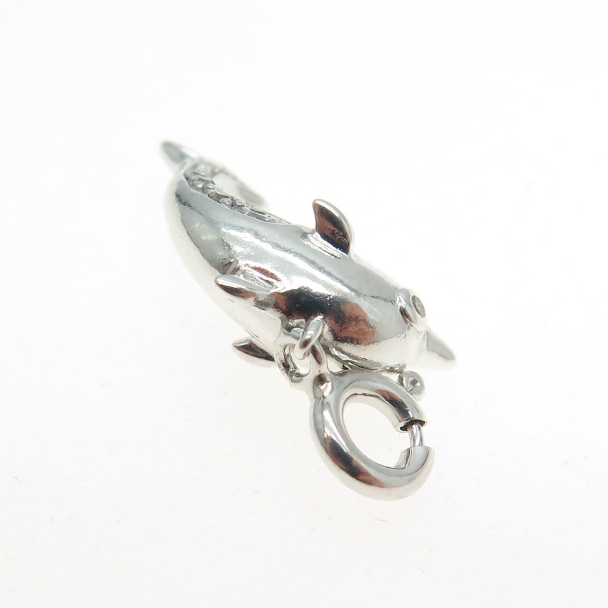 925 Sterling Silver Real Round-Cut Diamond Dolphin Spring Ring Lock Pendant