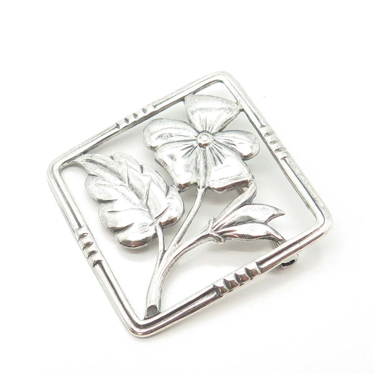 925 Sterling Silver Vintage Floral Blossom Square Pin Brooch
