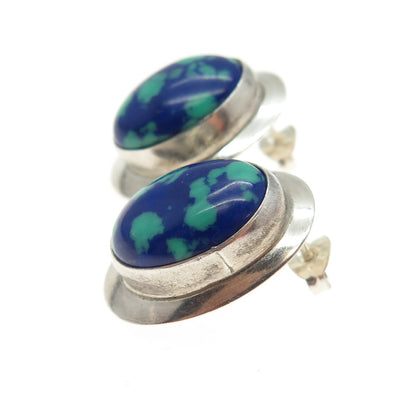 925 Sterling Silver Vintage Real Azurite Gemstone Modernist Oval Earrings