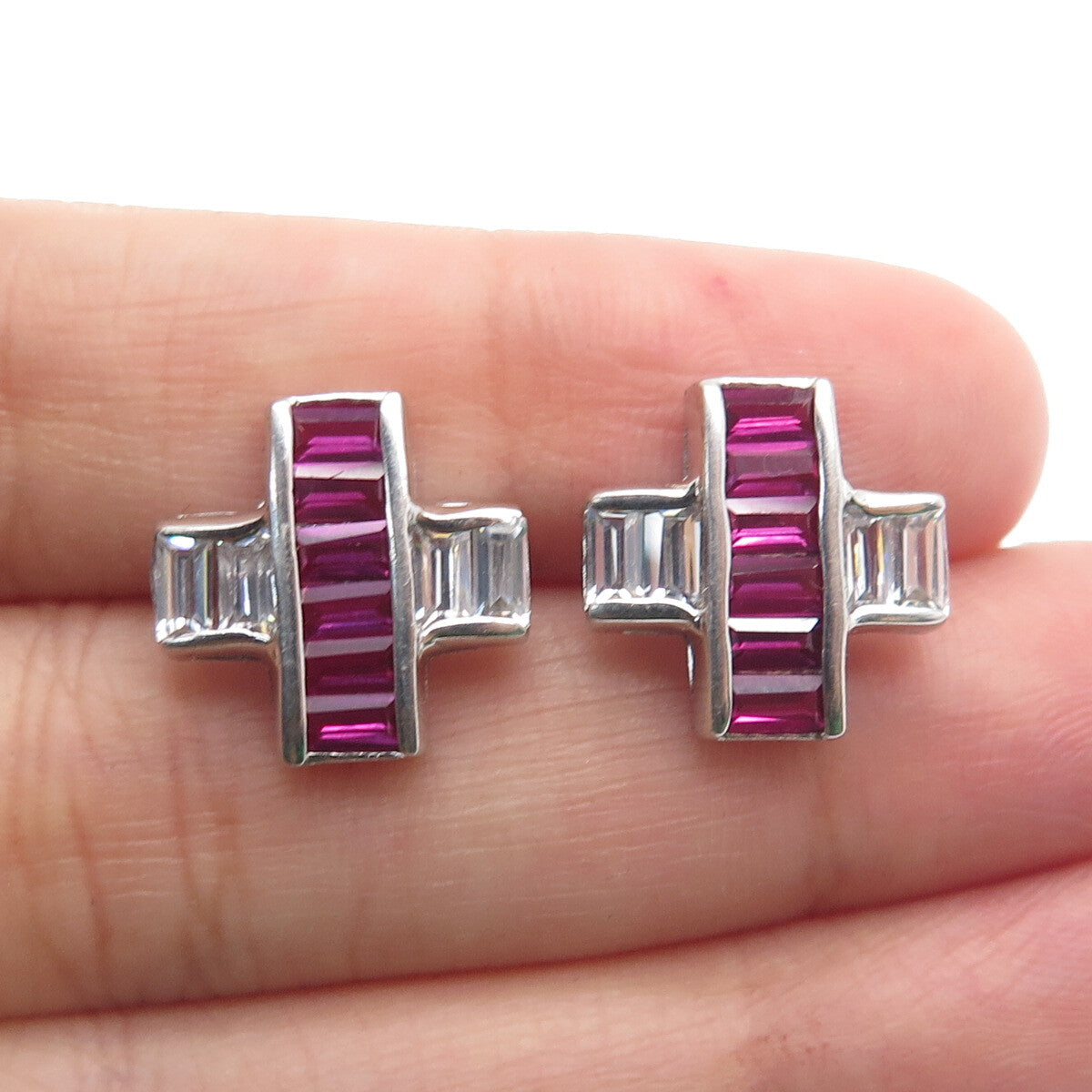 925 Sterling Silver Lab-Created Ruby & C Z "X" Shape Earrings