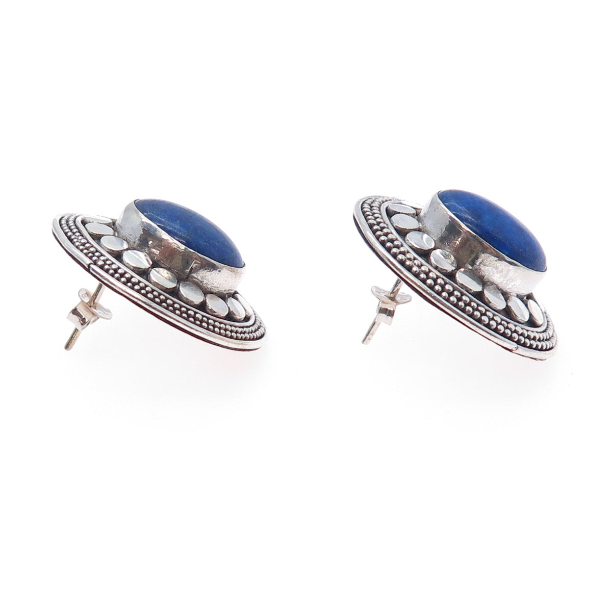 925 Sterling Silver Vintage Real Lapis Lazuli Modernist Dotted Earrings