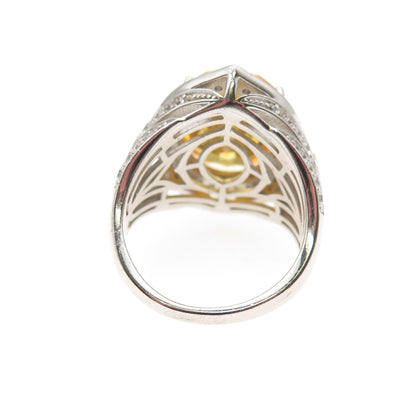 925 Sterling Silver Oval-Cut Canary & Round-Cut White C Z Ring Size 7