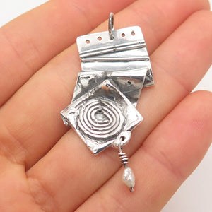 925 Sterling Silver Vintage Real Pearl Fingerprint Modernist Pendant