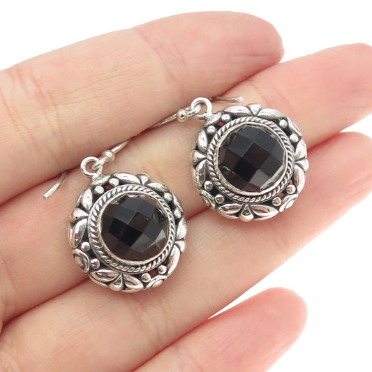 925 Sterling Silver Vintage Real Black Spinel Ornate Floral Dangling Earrings