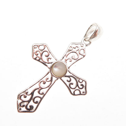 Charles Winston 925 Sterling Vintage Real MOP Floral Scroll Cross Charm Pendant