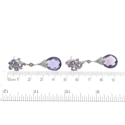 925 Sterling Silver Real Amethyst & White Topaz Dangle Earrings