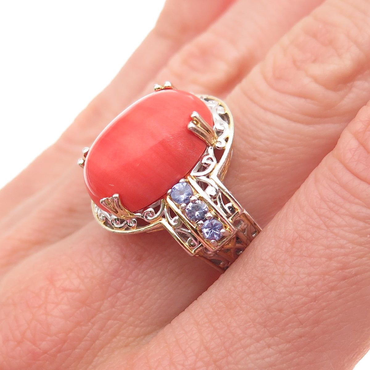 Michael Valitutti Gems En Vogue 925 Sterling 2-Tone Coral Tanzanite Ring Size 7