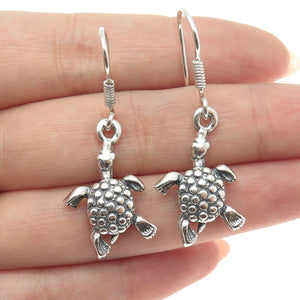 925 Sterling Silver Vintage Turtle Oxidized Dangle Earrings