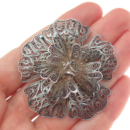 925 Sterling Silver Vintage Flower Filigree Oxidized Pin Brooch / Pendant