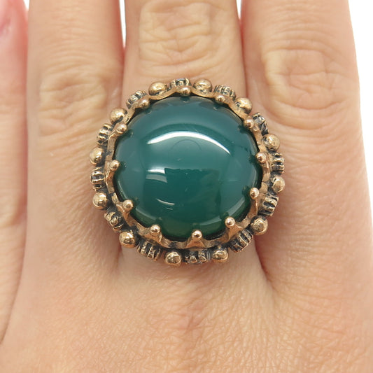 925 Sterling Silver 2-Tone Vintage Real Green Onyx & C Z Crown Ring Size 8