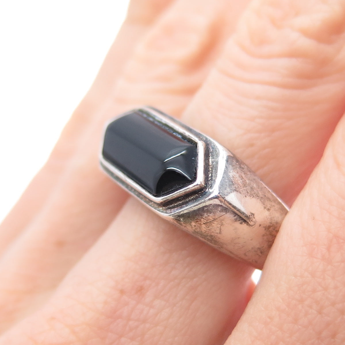 925 Sterling Silver Vintage S&G Real Black Onyx Oxidized Ring Size 10.25