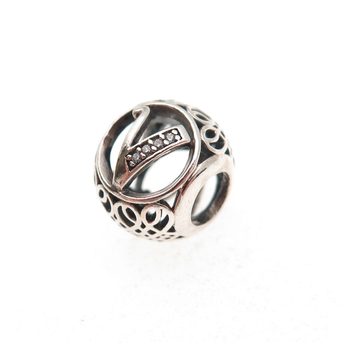 Pandora 925 Sterling Silver C Z Letter V Initial Slide Bead Charm