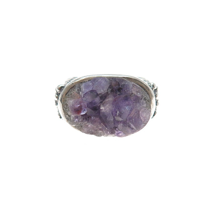 925 Sterling Silver Vintage Real Amethyst Modernist Beaded Ring Size 6.75