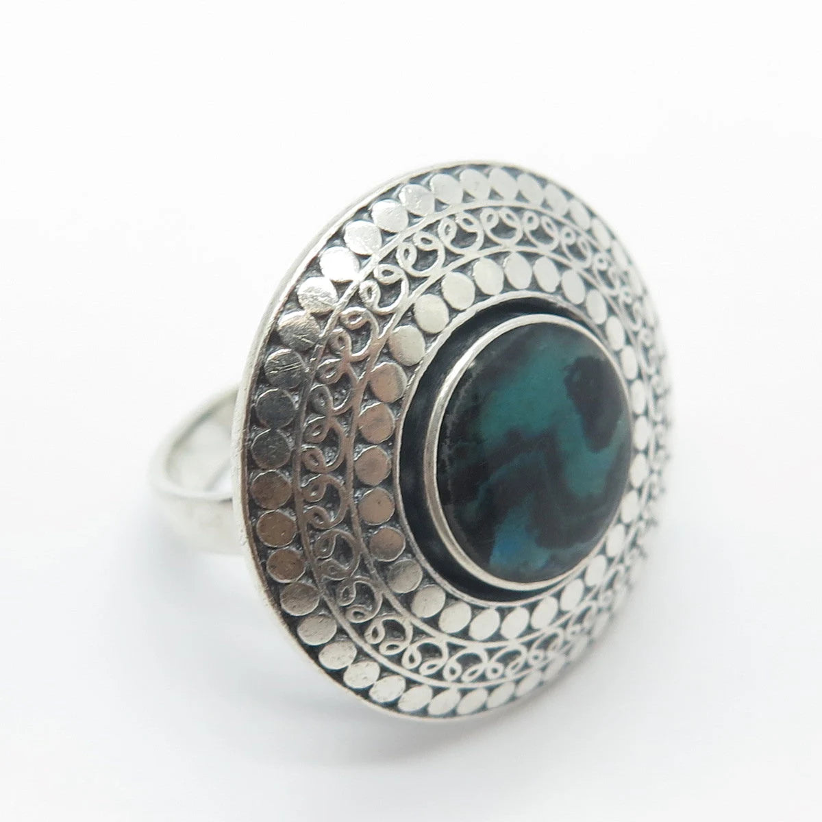 925 Sterling Silver Vintage Real Abalone Shell Dotted Wide Ring Size 6.75