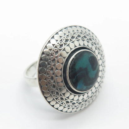 925 Sterling Silver Vintage Real Abalone Shell Dotted Wide Ring Size 6.75