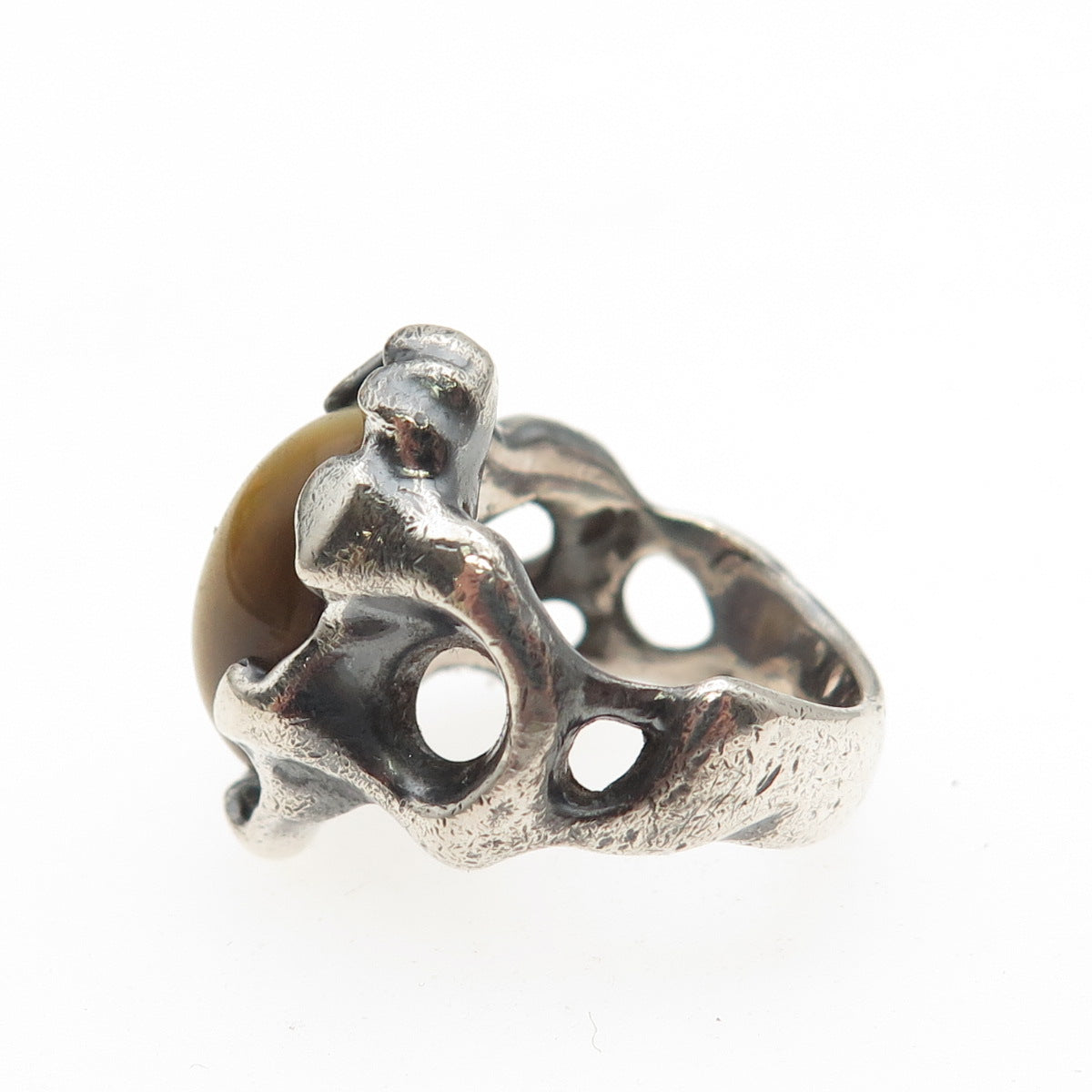 925 Sterling Silver Vintage Real Tiger Eye Modernist Oxidized Ring Size 3